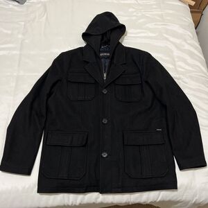Guess Mens Black Wool Blend Peacoat Jacket Hooded Size XL Lined Zip Button Warm